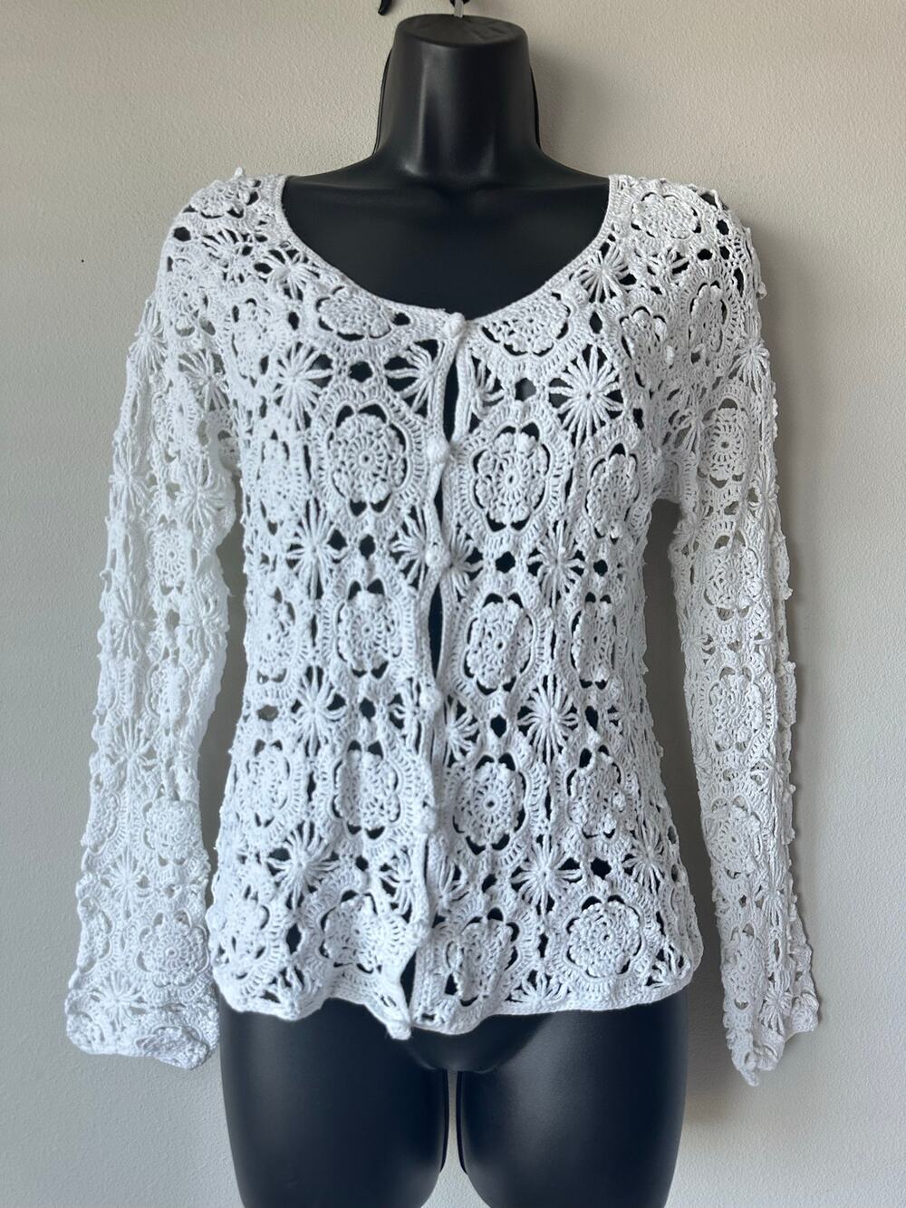 Vintage White Crochet Cardigan Linen Lace Bell Sleeve Boho Cottagecore Size L